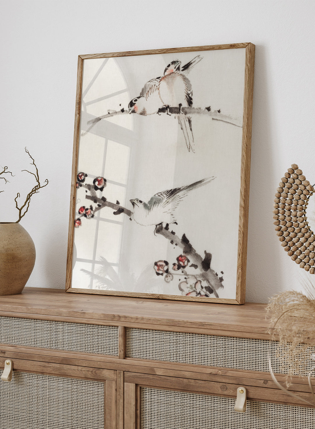 Katsushika Hokusai Three Birds Perched on Branches, One with Blossoms Art Print