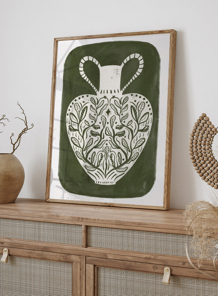 Botanical Folk Vase by Dirkie Nell is a modern folk art print featuring botanical vase illustration, olive green tones, and hand drawn Scandinavian inspired wall art.