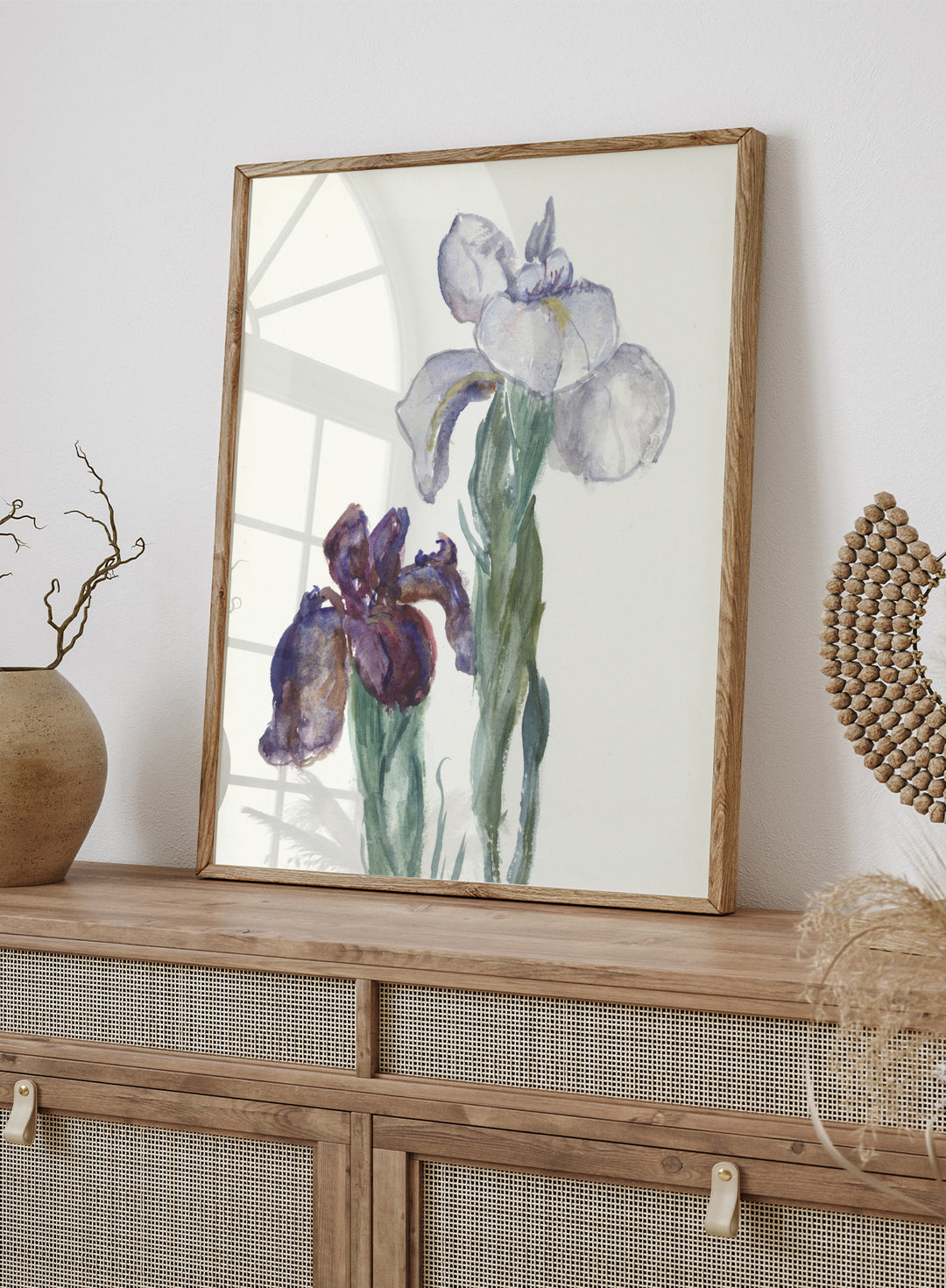 Irises by Sientje Mesdag-van Houten is a vintage botanical watercolor print of purple and white iris flowers, a soft floral piece for wall art and home decor.