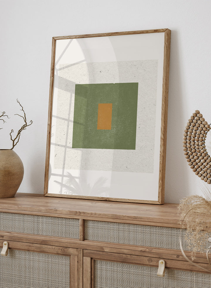 Abstract art with a green square and a smaller brown rectangle on a textured beige background. Minimalist Harmony by The MIUUS Studio is a minimalist abstract art print and wall poster featuring geometric shapes, neutral tones, and modern textured design.