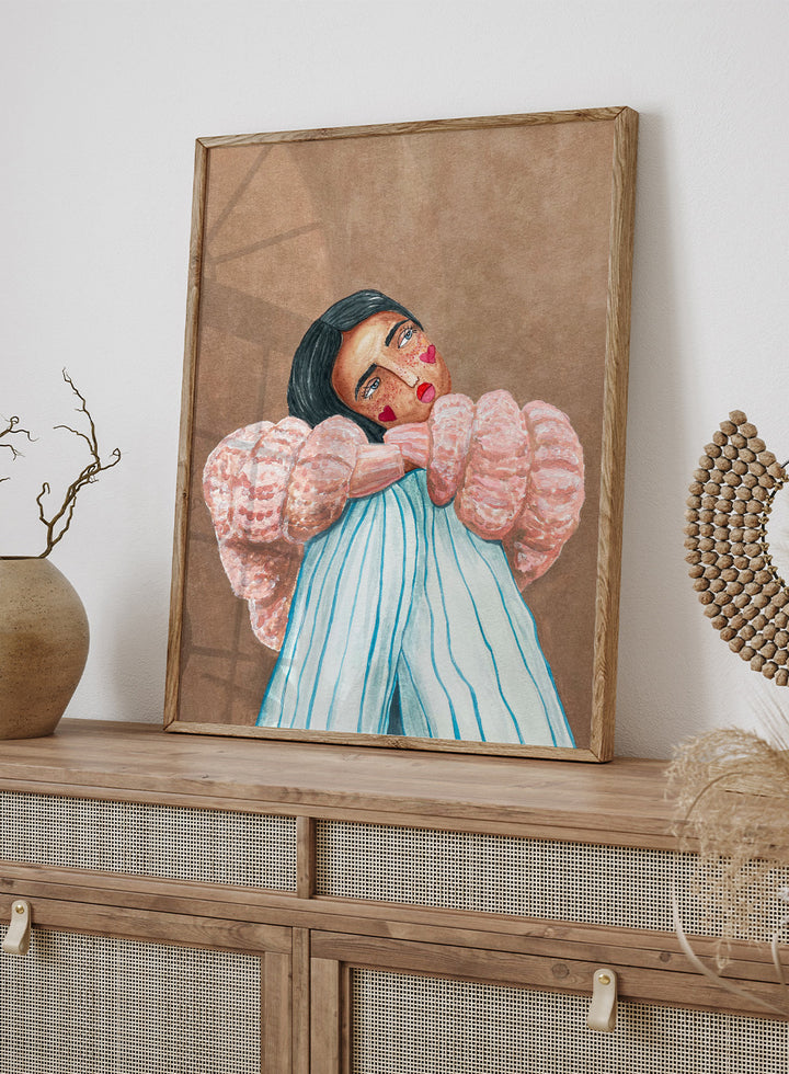 Artistic illustration of a person with large, textured sleeves against a brown background. Dreaming Girl by Raissa Oltmanns is a modern woman portrait art print with soft watercolor style, cozy pink jacket illustration, and contemporary wall poster.