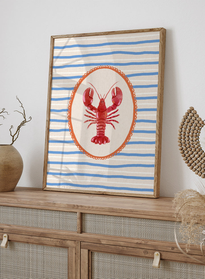 Red Lobster Stripes by Katarzyna Gąsiorowska coastal kitchen art print featuring a red lobster, blue stripes, and vintage Mediterranean-inspired details.