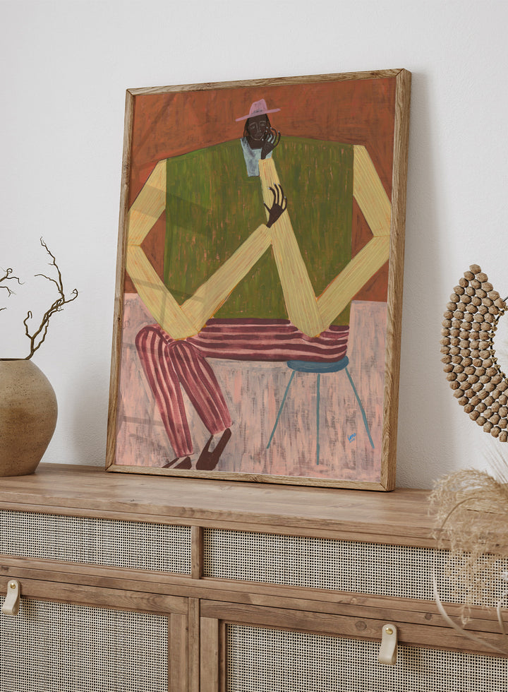 Surrealistic painting of a person sitting on a chair with geometric shapes and abstract design. Take a Moment by Studio IMO (Ibi Meier-Oruitemeka) is a modern figurative art print featuring a seated figure in a calm, reflective pose, designed as a contemporary wall art poster.