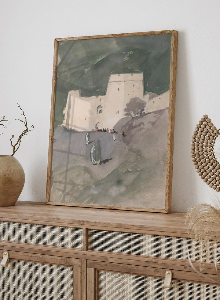 A watercolor painting of a white stone fortress or castle on a hillside, with dark green mountains in the background and small figures near the entrance. A Moorish Citadel by Hercules Brabazon Brabazon is a vintage watercolor art print featuring a pale fortress, figures, rocky ground, and dark green hills.