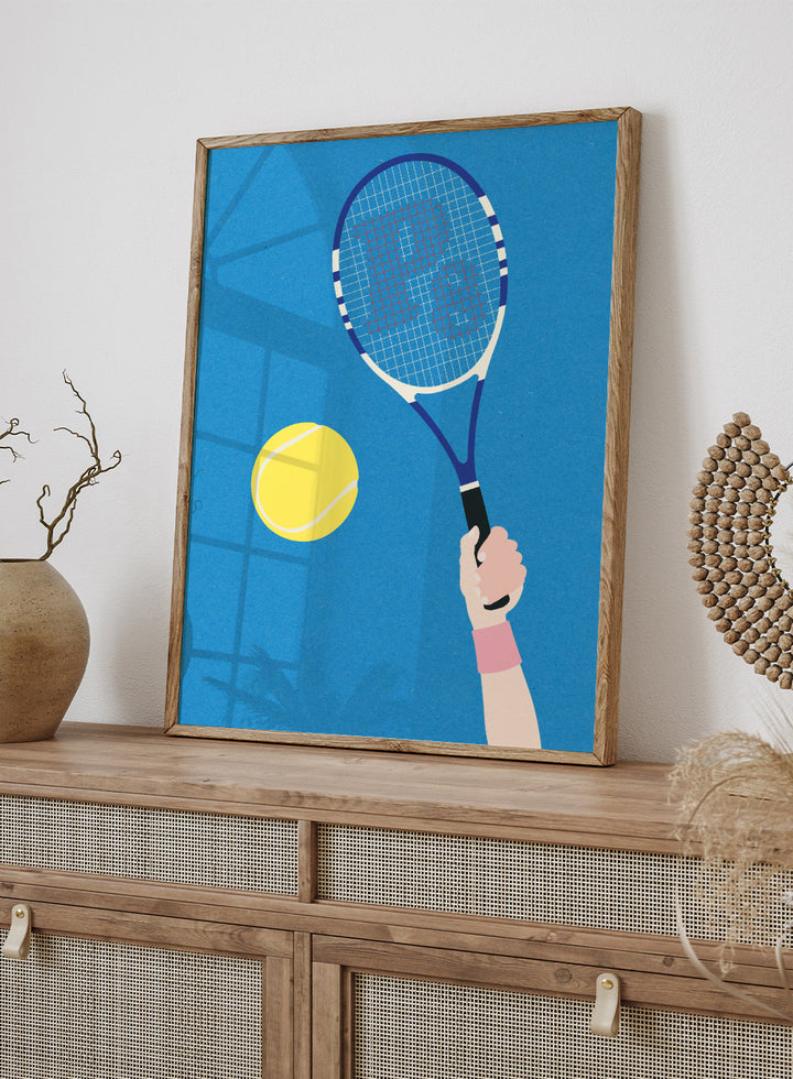 Tennis racket and ball on a blue background. Perfect Serve by Rosi Feist is a modern minimalist tennis art print featuring bold graphic color, clean lines, and Bauhaus-inspired design. Officially licensed fine art poster with framing.