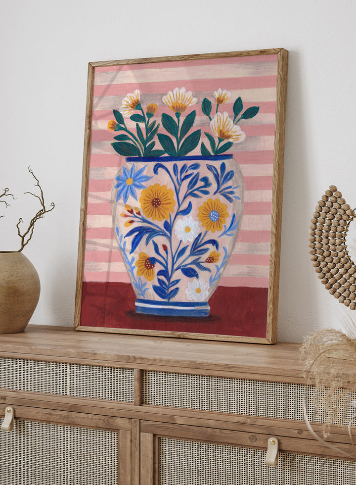 Decorative vase with floral design on a striped background. Potted Florals Pastels & Stripes by Caroline Bonne Müller is a fine art print and wall poster featuring a floral vase with pastel stripes background.