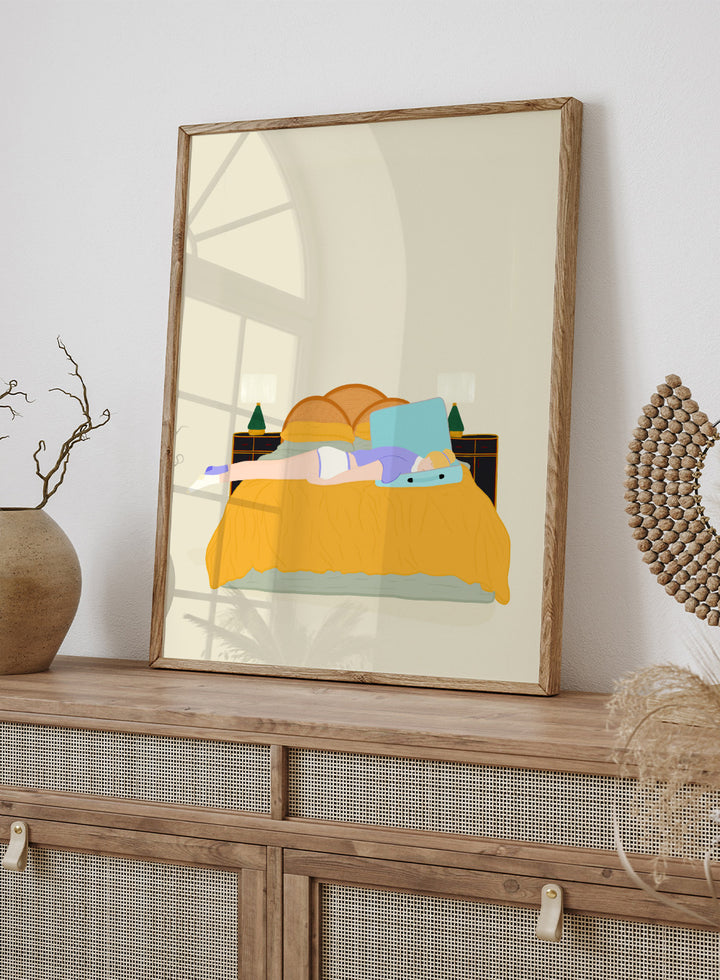 Illustration of a person lying in bed with a blue pillow and yellow blanket on a beige background. Digital Nomad by Jota de Jai is a calm modern art print of a woman resting on a bed with an open suitcase, officially licensed fine art wall poster with framing available.