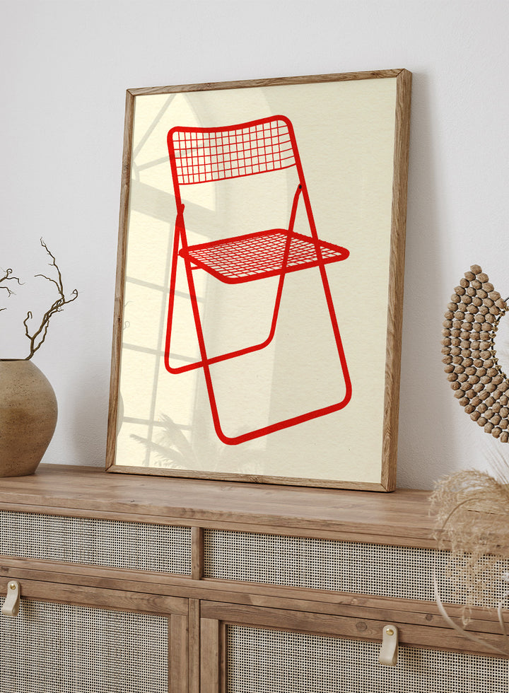 Red metal chair on a beige background. Modern chair wall art print by Rosi Feist featuring a bold red wire net chair illustration. Contemporary minimalist poster for design lovers.