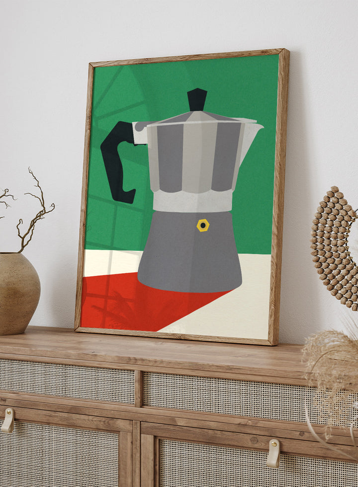 Stylized illustration of a Moka pot on a green, white, and red background. Stylized illustration of a Moka pot on a green, white, and red background. Espresso Italiano by Rosi Feist is a minimalist moka pot kitchen art print with Bauhaus-inspired color. Officially licensed modern poster with framing.