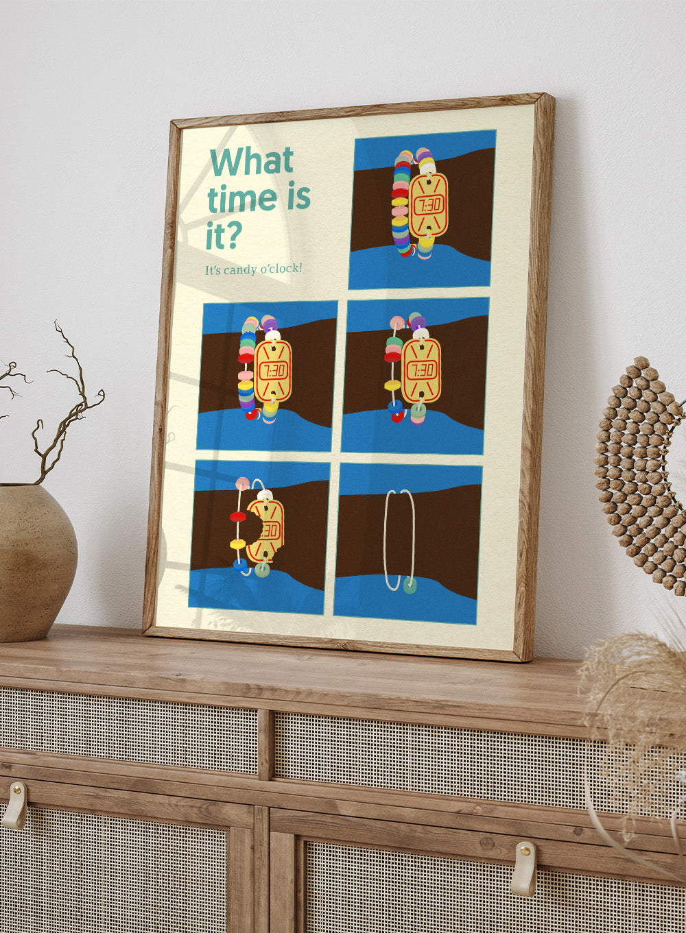 Cartoon character with a candy clock on wrist, asking 'What time is it? It's candy o'clock!' on a blue and brown background. Poster Candy Clock by Rosi Feist is a playful candy bracelet art print with bold Bauhaus design and retro color. Officially licensed modern wall poster.