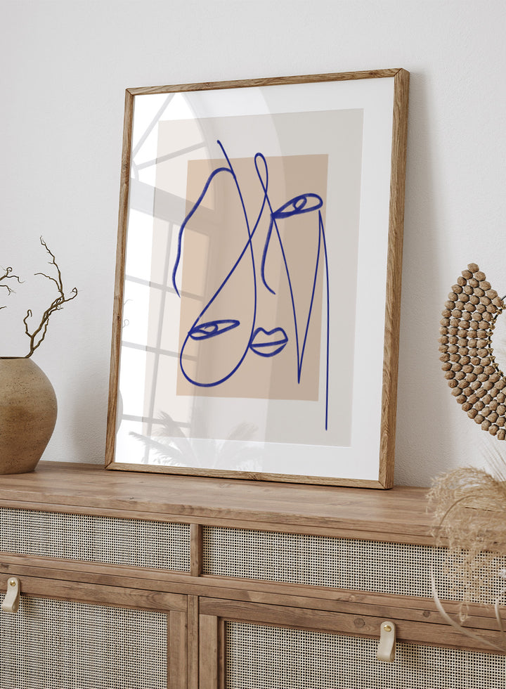 Abstract Blue Line Art print by Little Dean. Modern minimalist face illustration in bold blue linework, contemporary wall art poster.