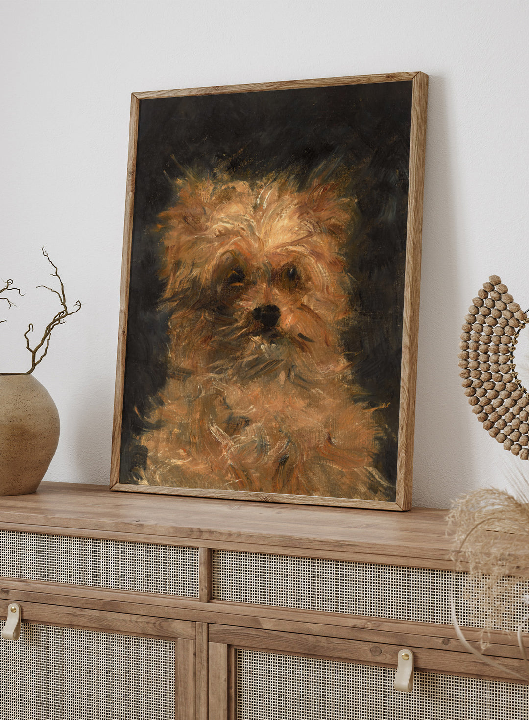 A painted portrait of a small fluffy dog, likely a terrier mix, rendered in warm tan, cream, and brown brushstrokes against a dark charcoal background. Head of the Dog "Bob" by Édouard Manet is a vintage dog portrait print featuring a scruffy terrier&