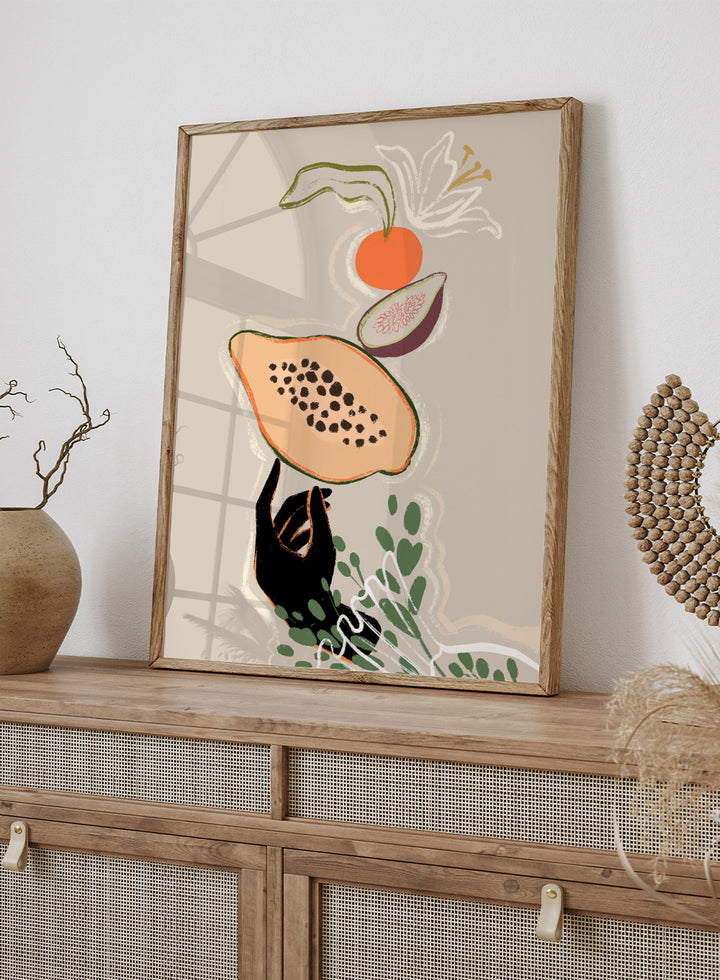 Illustration of a sloth holding a papaya with a beige background. Balancing Fruits by Arty Guava is a modern fruit still life art print with papaya and fig. Officially licensed wall poster for kitchen decor.