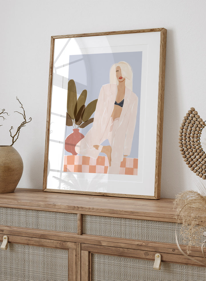Too Lazy To Yoga by Ivy Green is a contemporary illustration art print featuring a relaxed woman in a minimalist interior. Premium fine art print with real wood framing.