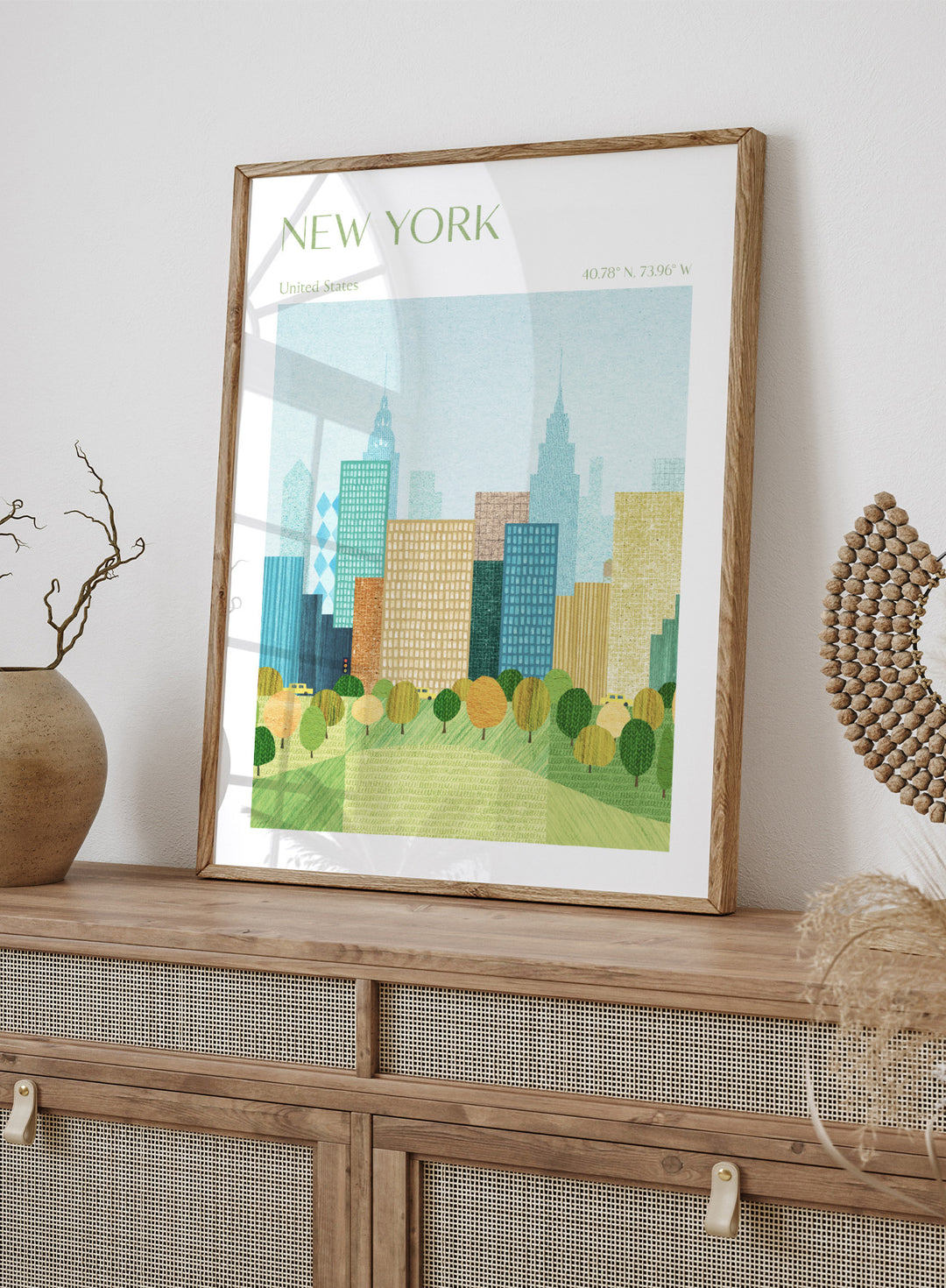 Illustration of a city skyline with trees in the foreground, labeled 'New York'. New York City Park by Longwayhome is a minimalist cityscape art print featuring the New York skyline, green park scenery, and modern travel inspired design.