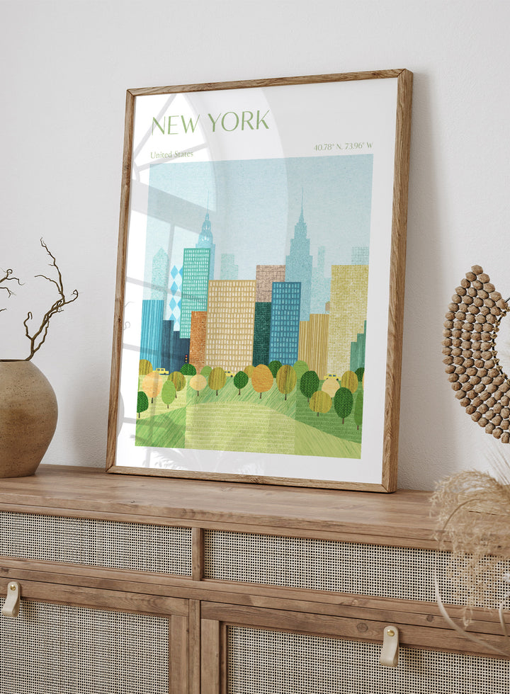 Illustration of a city skyline with trees in the foreground, labeled 'New York'. New York City Park by Longwayhome is a minimalist cityscape art print featuring the New York skyline, green park scenery, and modern travel inspired design.