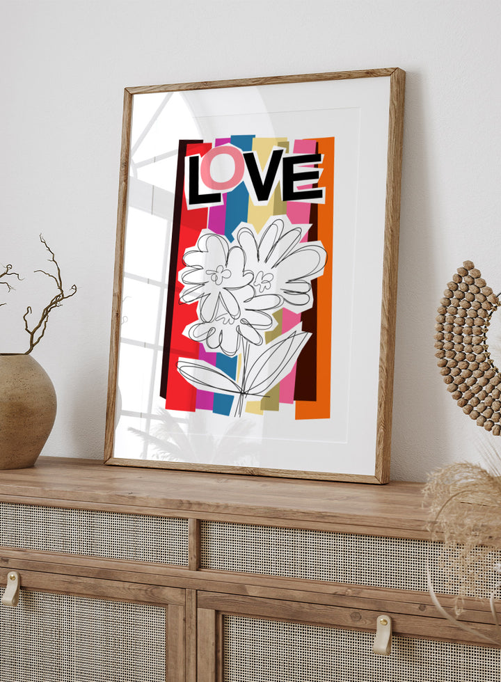 Colorful abstract design with flowers and the word 'LOVE' on a striped background. Scribble Flower by Frances Collett art print featuring a hand-drawn flower over bold colorful stripes with the word LOVE. Officially licensed wall poster with framing option.