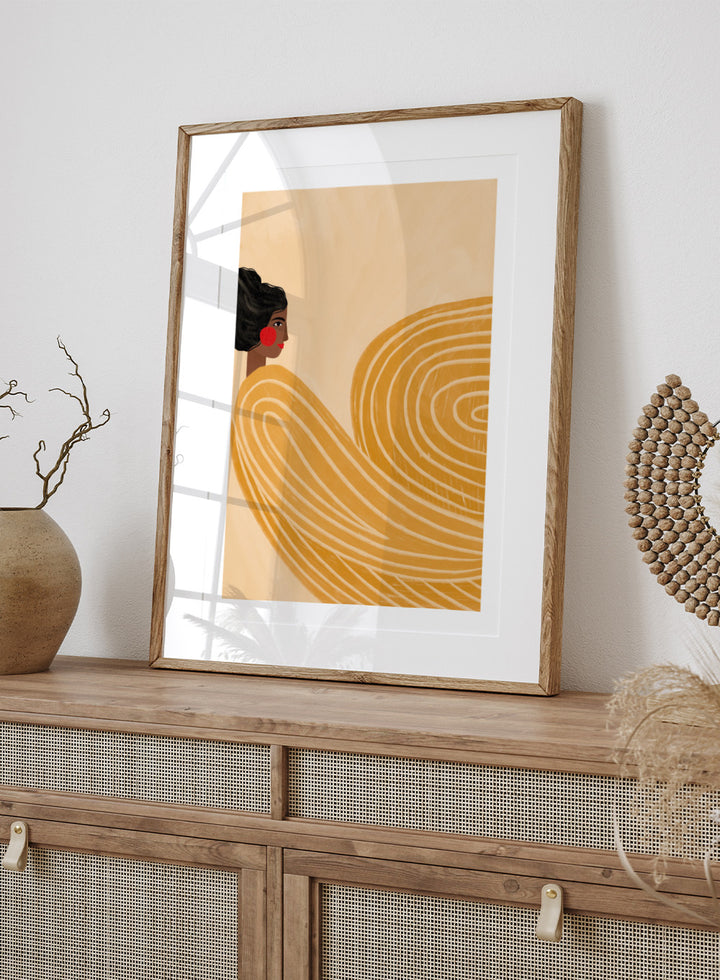The Woman With the Yellow Stripes by Bea Müller is an officially licensed art print featuring flowing yellow lines and a warm modern portrait. Framed or unframed options available.