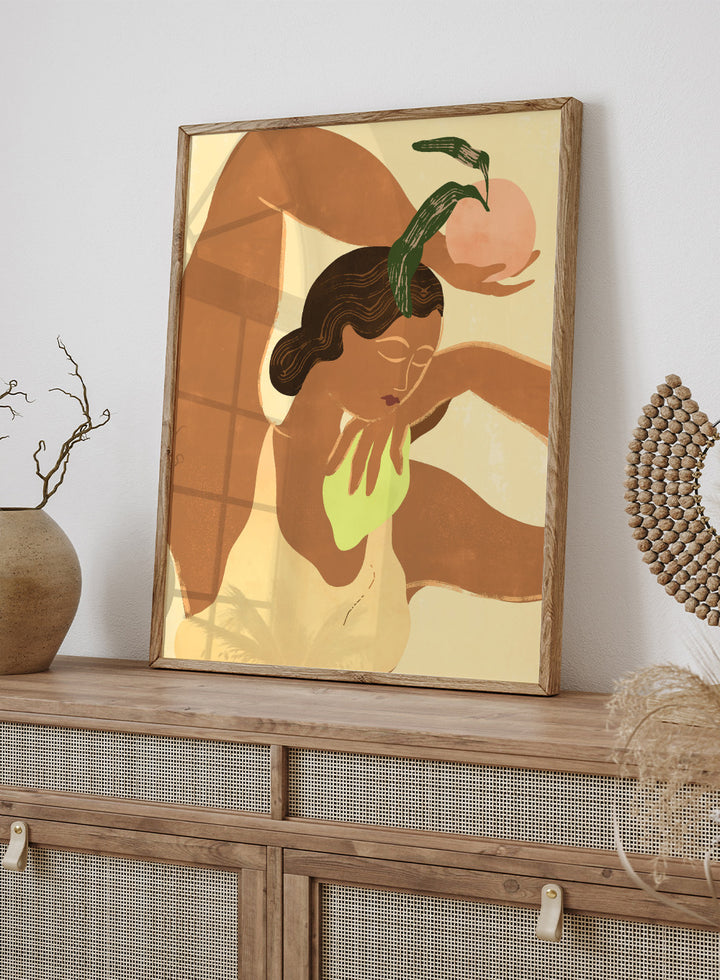 Artistic depiction of a woman with abstract elements on a beige background. Lemon Apple by Arty Guava art print, modern woman and fruit illustration, contemporary aesthetic wall poster in warm yellow and soft green tones.