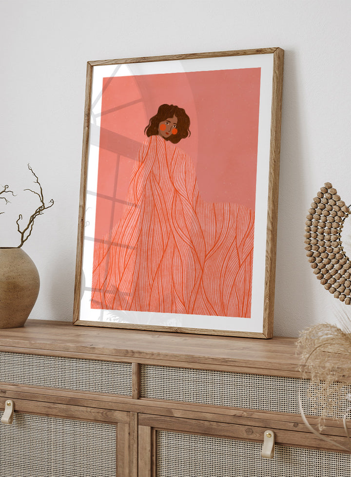 An art print featuring an illustration of a woman with dark curly hair wrapped in a flowing coral-orange patterned dress against a solid pink background. Coral Woman Dreaming by Bea Müller portrait art print featuring a woman wrapped in a flowing coral dress with fine red lines and modern graphic detail.