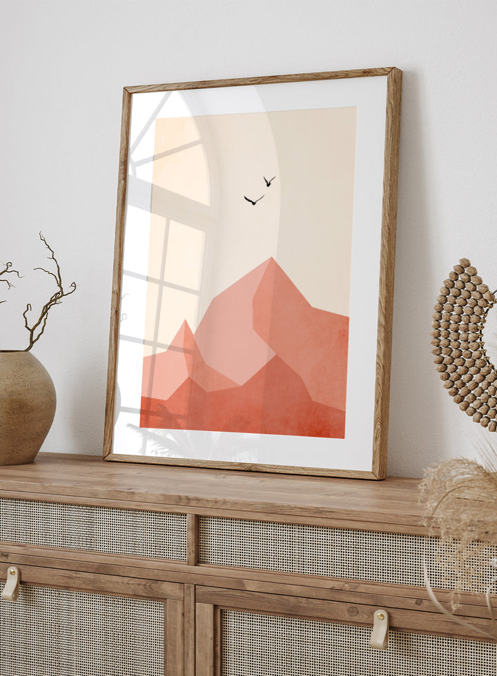 Abstract art print with geometric shapes and minimalistic birds on a beige background. Geometric mountain landscape art print with birds in flight by Kubistika. Warm terracotta illustration with minimalist design. Officially licensed wall poster.