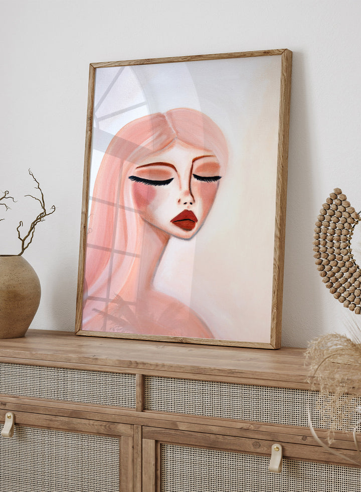 Artistic illustration of a woman's face with closed eyes on a light background. Serene Pink Portrait by Amy Straley is a contemporary figurative art print featuring a feminine portrait, soft pink tones, and modern expressive wall art.