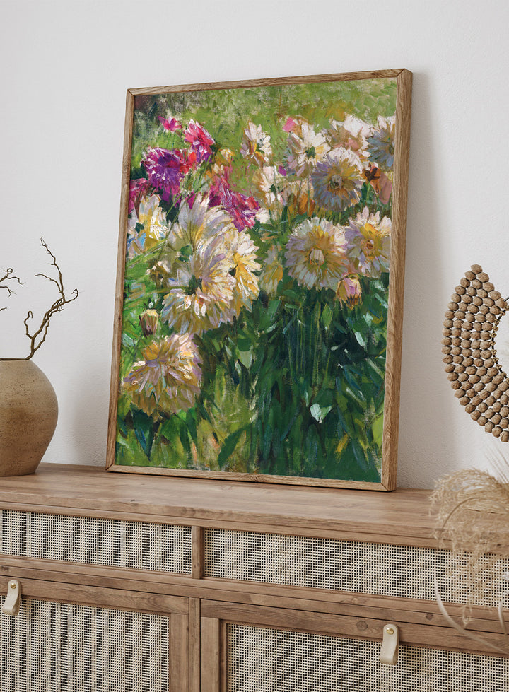 In “Dahlias” vintage art print, Carl Moll captures a vibrant cluster of garden flowers with bold brushwork and luminous color. Ivory, peach, and plum-colored dahlias fill the canvas, their petals nestled among dense green stems. This antique botanical poster is ideal for farmhouse and cottagecore interiors.