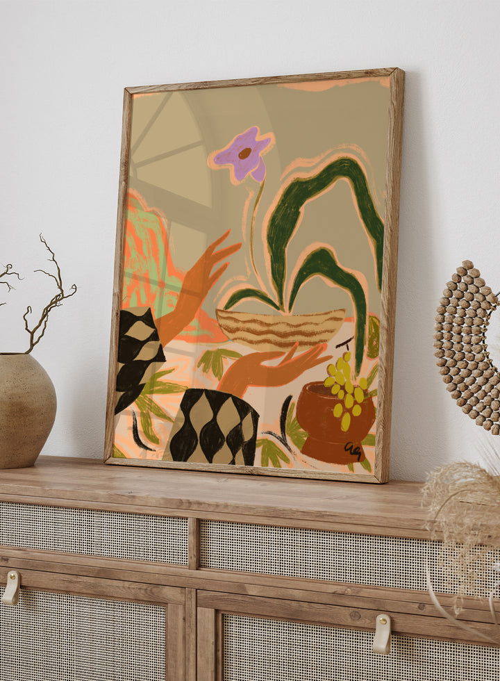 Abstract artwork with hands holding a woven basket and a flower, set against a beige background. The Power Of One by Arty Guava is a nature-inspired art print featuring botanical forms, expressive hands, tropical influences, and contemporary illustration.