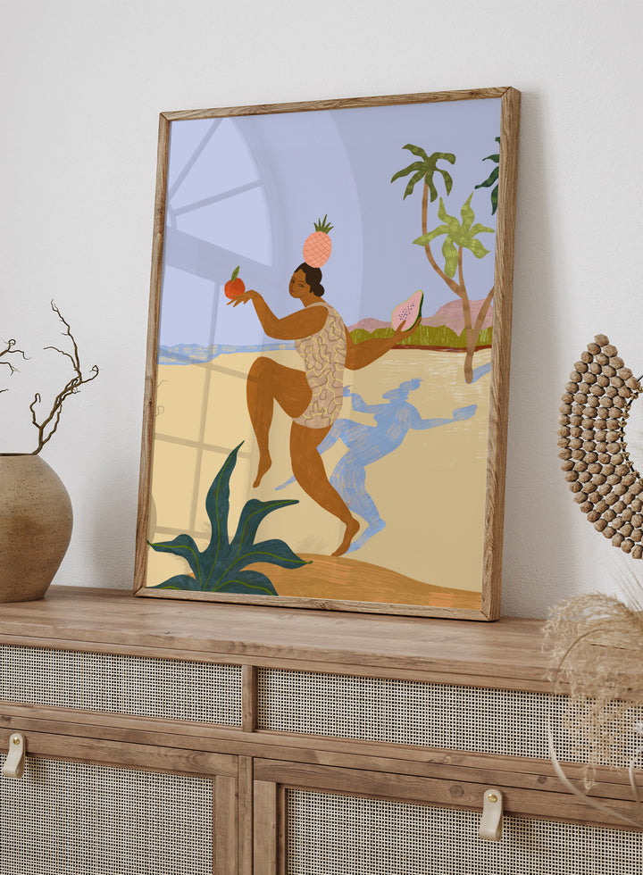 Illustration of a person holding fruits with a stylized landscape in the background. Balancing Act by Arty Guava is a colorful figurative art print featuring tropical motifs, playful symbolism, vibrant colors, and whimsical contemporary storytelling.