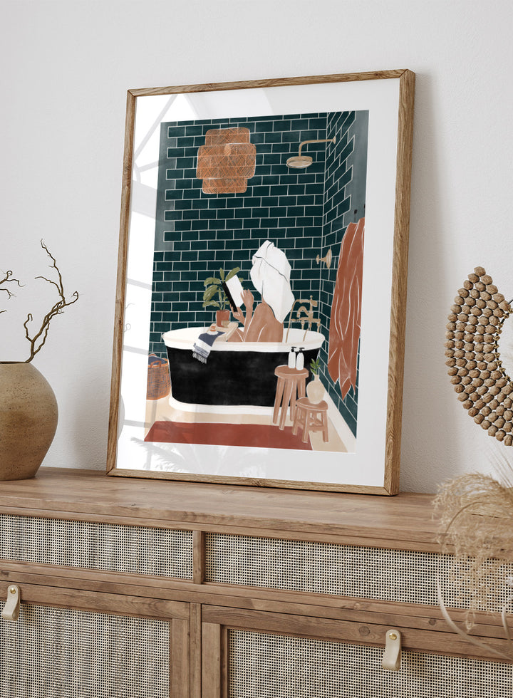 Bathroom Babe by Ivy Green is a contemporary illustration art print featuring a woman relaxing in a bathtub. Premium fine art print with real wood framing.