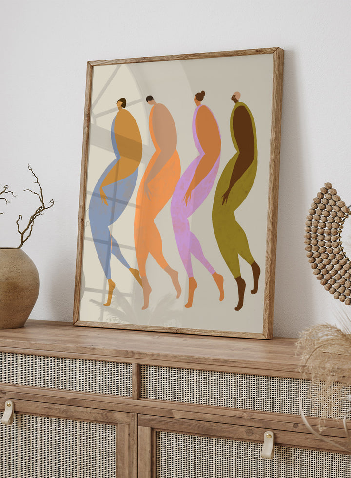 Abstract illustration of four stylized figures in various colors on a beige background. We The Giants by Arty Guava is a modern art print of four bold figures walking together, celebrating strength and sisterhood. Officially licensed wall poster.