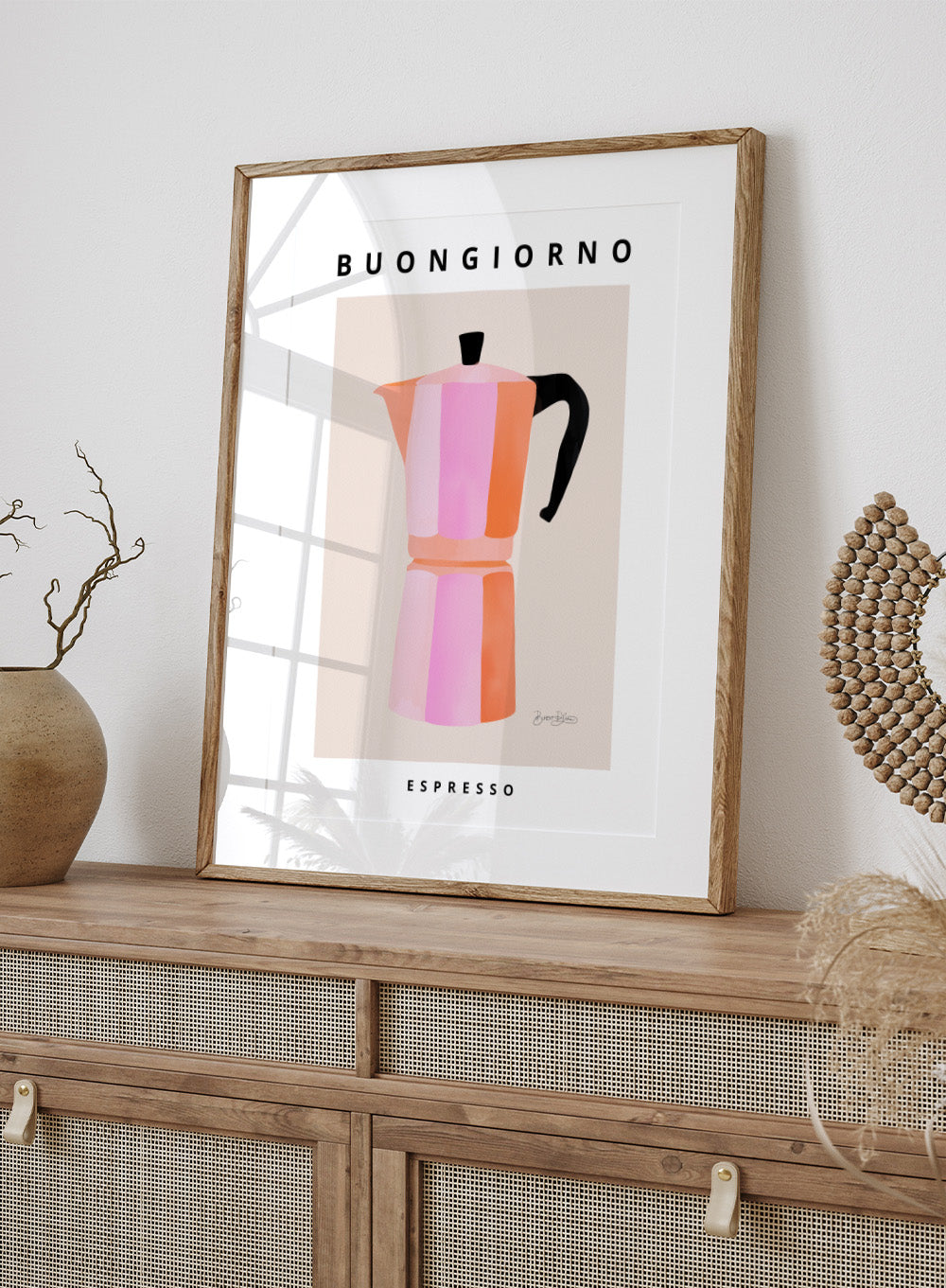 Colorful pink striped coffee maker with 'Buongiorno Espresso' text on a beige background. Buongiorno Espresso by Baroo Bloom is a modern coffee art print featuring a colorful moka pot illustration. Officially licensed wall poster with optional framing.