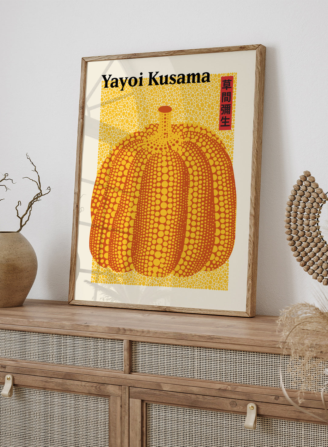Inspired by Yayoi Kusama 草間彌生 Pumpkin Forever Art, this exhibition Japanese poster art print showcases illustration of orange polka dot pumpkin against Yellow background. Featuring abstract Pumpkin Forever art, this Japani vintage exhibition poster by Yayoi Kusama is perfect for any boho, retro, minimalist, or abstract space.