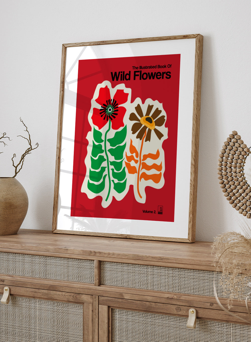 Art print of 'The Illustrated Book of Wild Flowers Volume 2' with two stylized flowers on a red background. The Illustrated Book Of Wild Flowers Vol. 2 Red by Frances Collett is a floral art print featuring two illustrated wild flowers on a bold red background. Officially licensed wall poster with optional framing.