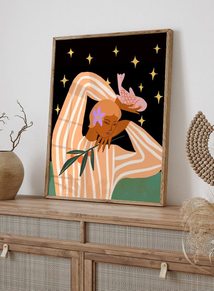 Illustration of a woman with flowers in her hair against a starry night sky. Balance by Arty Guava is a modern surreal woman art print with stars, stripes, and a pink fish. Officially licensed contemporary wall poster.