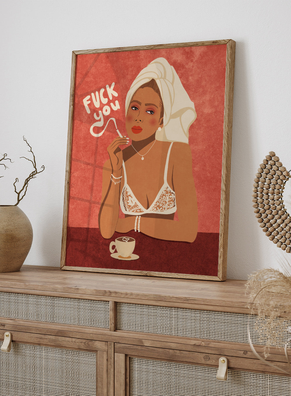 Illustration of a woman in lingerie with text and a cup of coffee on a red background. Fuck You by Raissa Oltmanns is a modern woman portrait art print with bold text, lingerie illustration, cigarette vibe, and statement wall poster style.