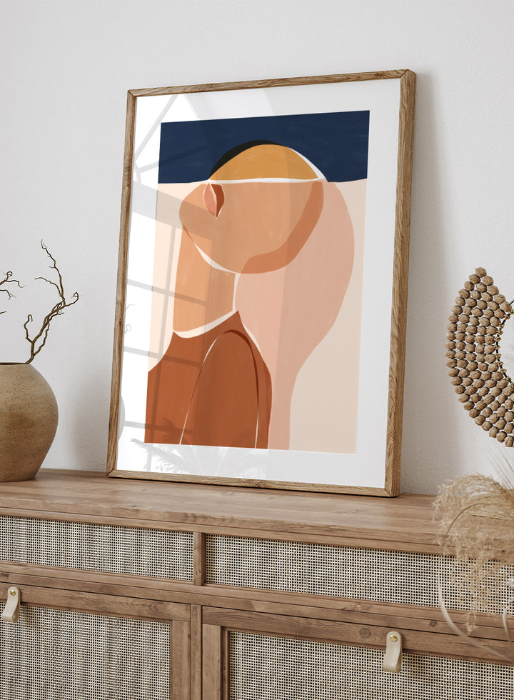 Half Face Half Sun by Ivy Green is a modern figurative art print featuring a minimal female portrait and sun motif. Premium fine art print with optional wood framing.