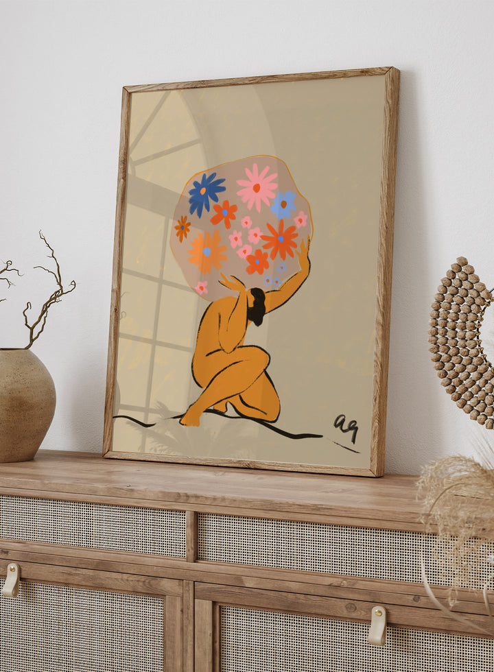 Surreal artwork of a figure holding a globe filled with colorful flowers on a beige background. World On Her Shoulders by Arty Guava is a colorful contemporary art print featuring a floral globe, expressive female figure, empowerment, and modern illustration.