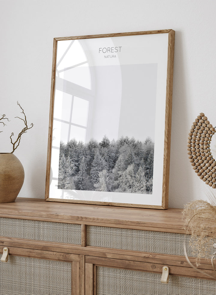 Black and white forest landscape with 'FOREST' and 'Natura' text at the top. Frosted Tranquility by The MIUUS Studio is a black and white forest photography art print and wall poster featuring snowy trees, minimalist composition, and modern neutral design.