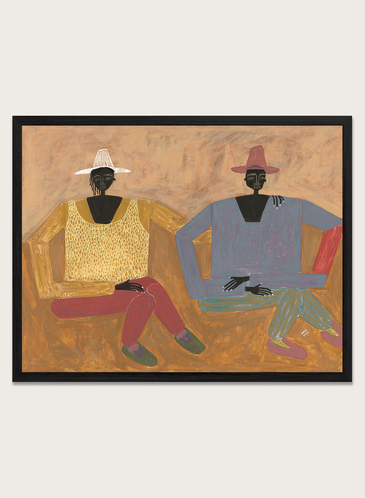 Framed artwork of two people sitting on a bench with a plain background. Still, Together by Studio IMO (Ibi Meier-Oruitemeka) is a modern figurative art print with two seated figures in a contemporary wall poster design.