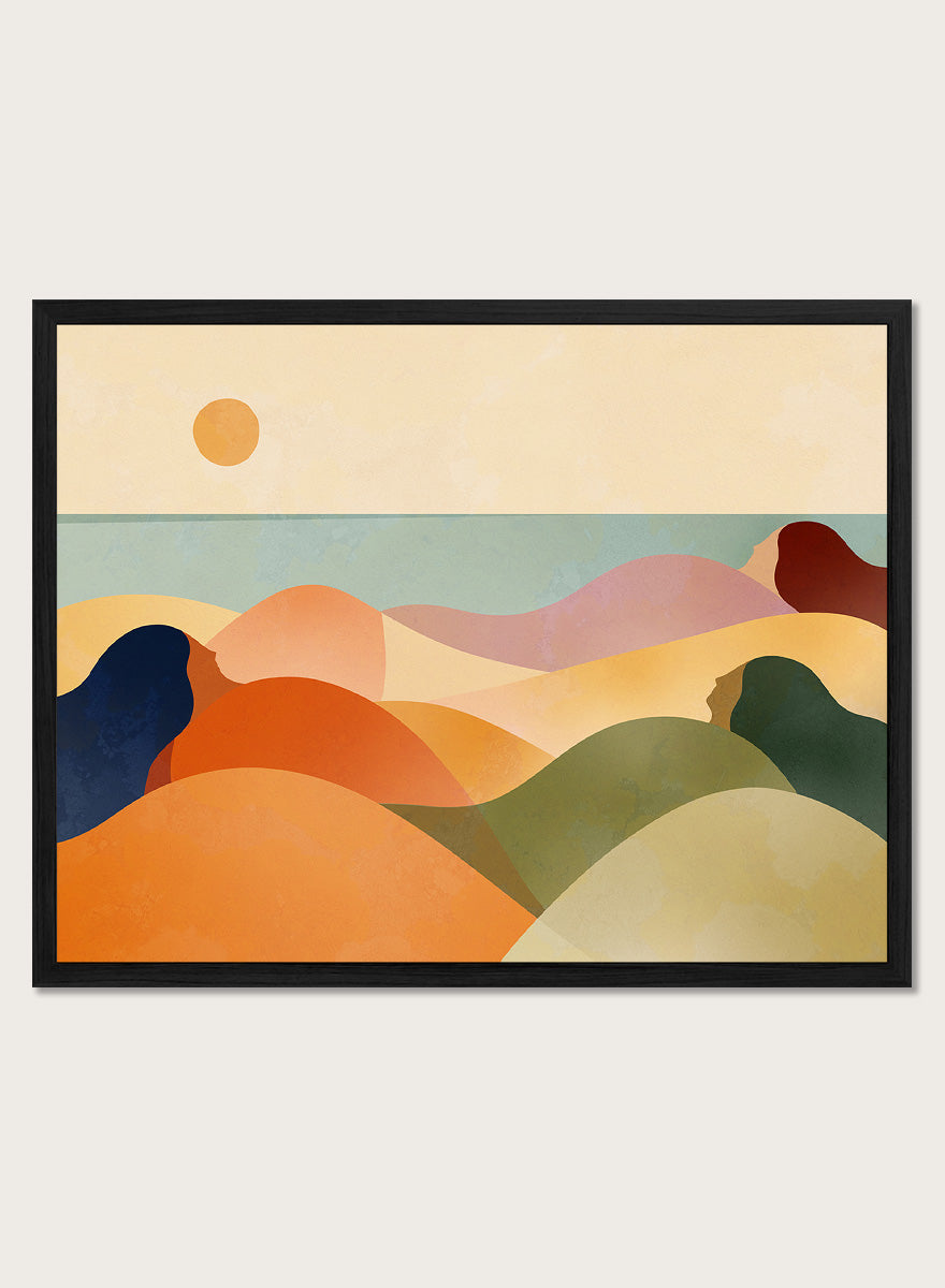 Shop Women On The Dunes by Dominique Vari, a retro beach wall art print poster featuring reclining women, rolling dunes, and a warm mid-century coastal landscape.