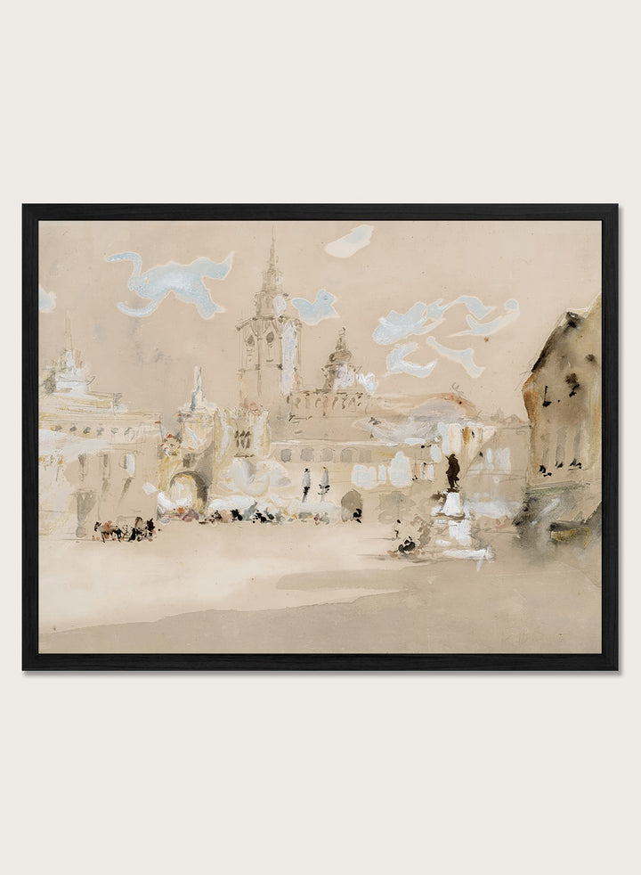 A framed watercolor art print depicting a scenic architectural landscape with a clock tower, stylized clouds, and small figures. Valencia, Spain by Hercules Brabazon Brabazon is a vintage watercolor art print featuring a sunlit Spanish plaza, pale architecture, towers, and soft blue sky.