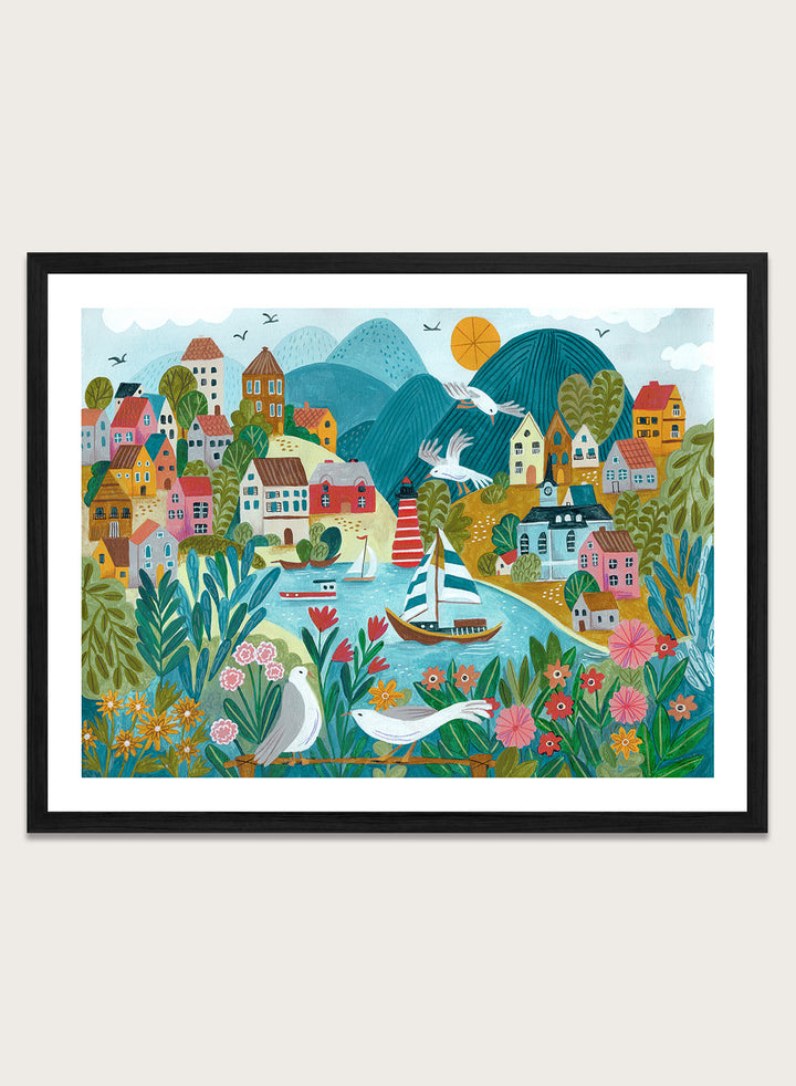Coastal Village by Caroline Bonne Müller is a colorful coastal town art print with boats, lighthouse, and floral foreground in modern aesthetic illustration style.