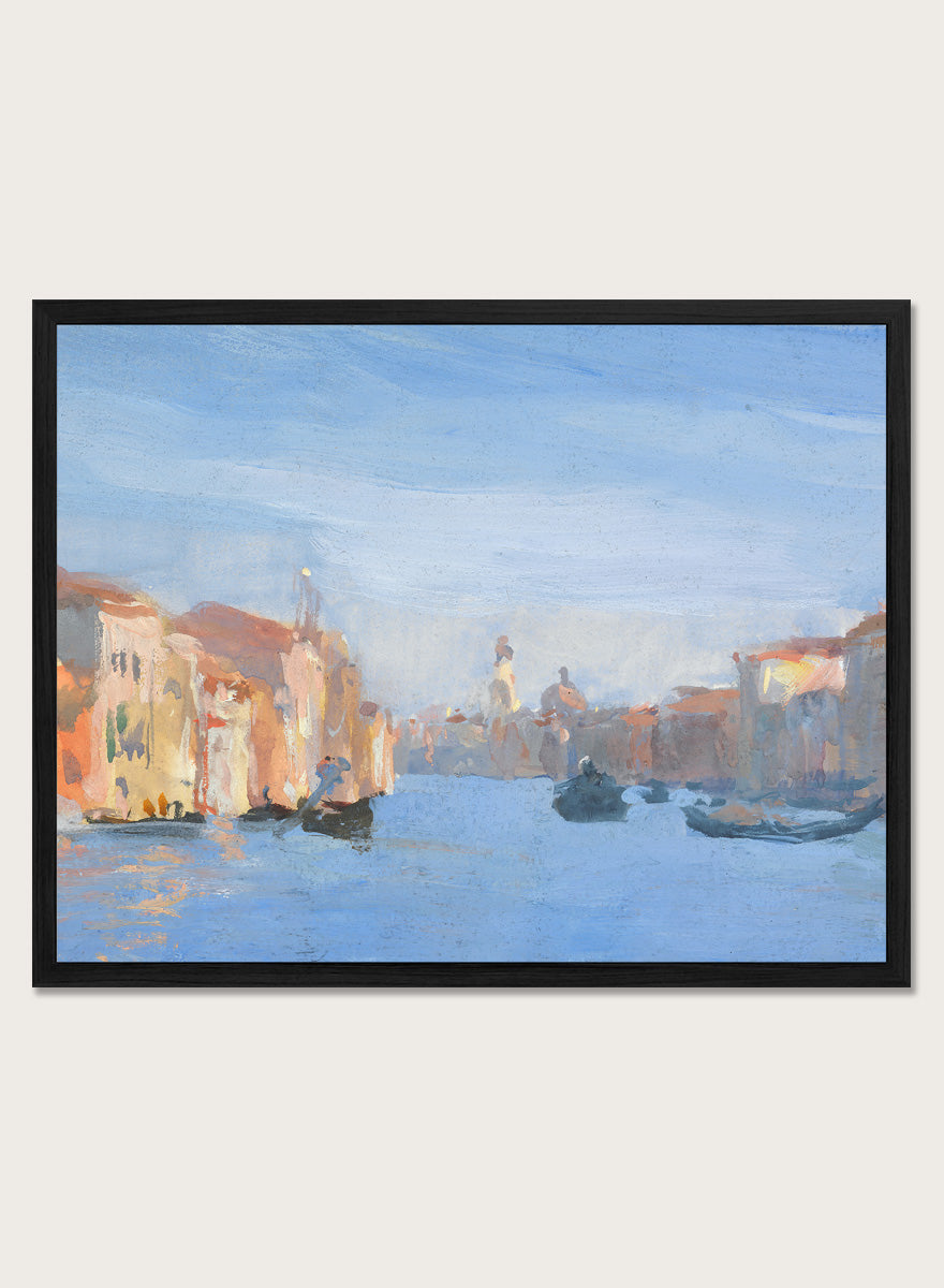 A framed impressionist-style painting of a canal scene with buildings, gondolas, and soft blue water and sky. Venice II by Hercules Brabazon Brabazon is a vintage watercolor art print featuring gondolas, a Venetian canal, soft blue water, and warm city light.