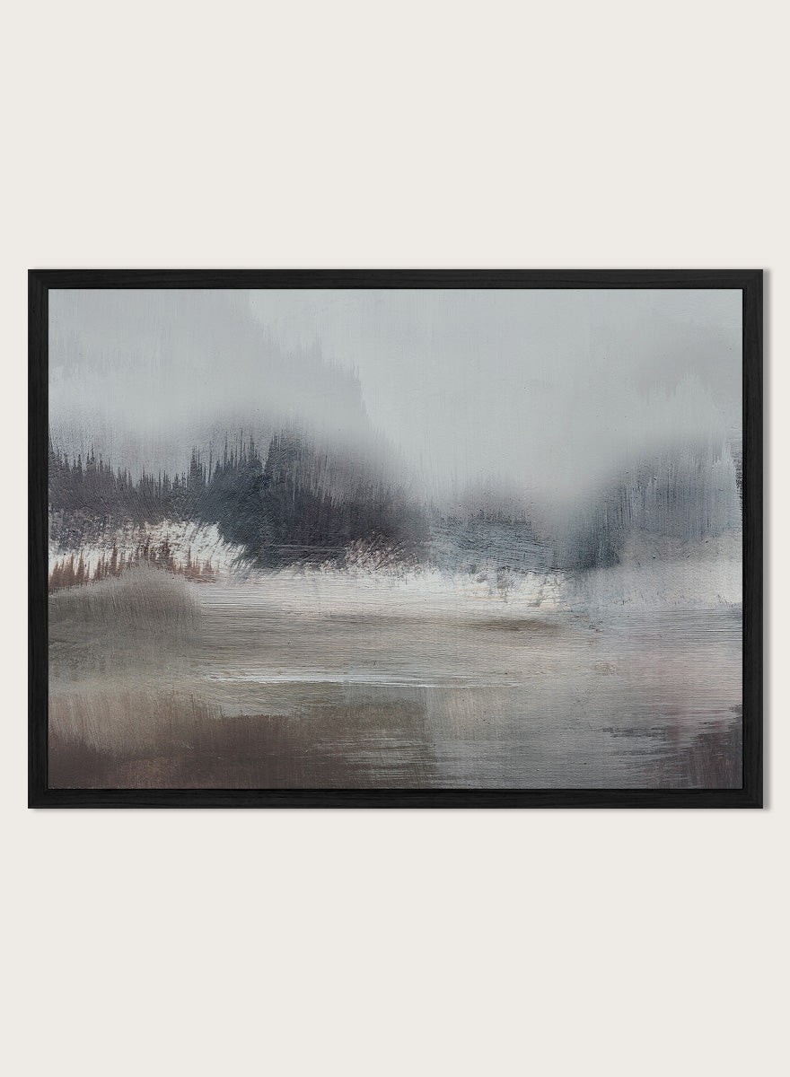 Shop Forest Lake by Dan Hobday, a misty landscape art print featuring dark forest trees, reflective water, soft gray-blue tones, and layered brush texture.