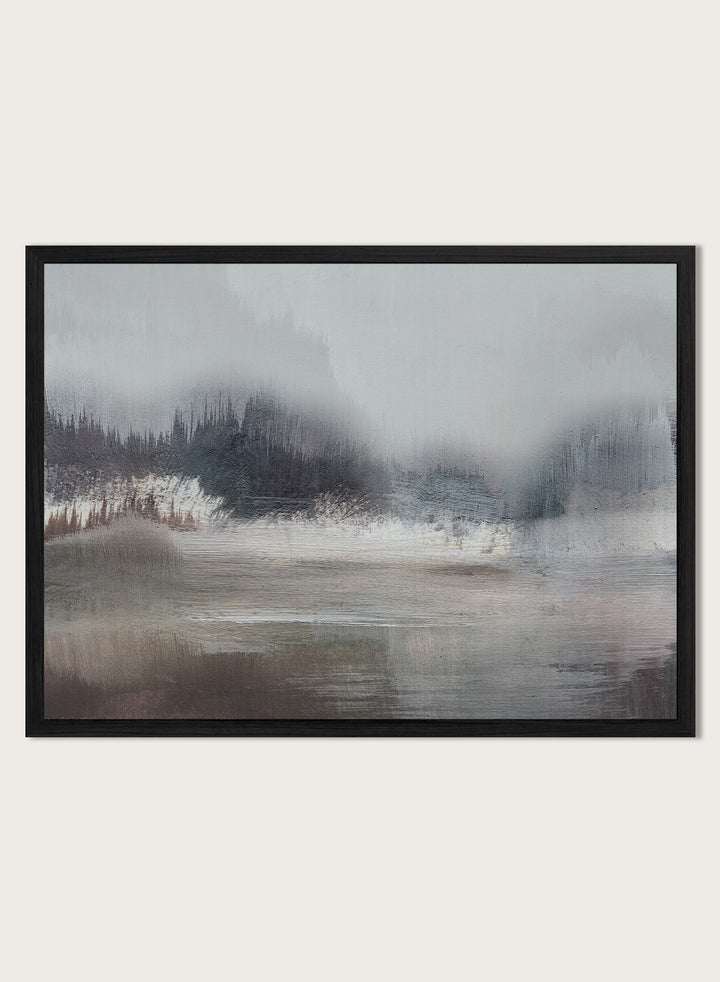Shop Forest Lake by Dan Hobday, a misty landscape art print featuring dark forest trees, reflective water, soft gray-blue tones, and layered brush texture.