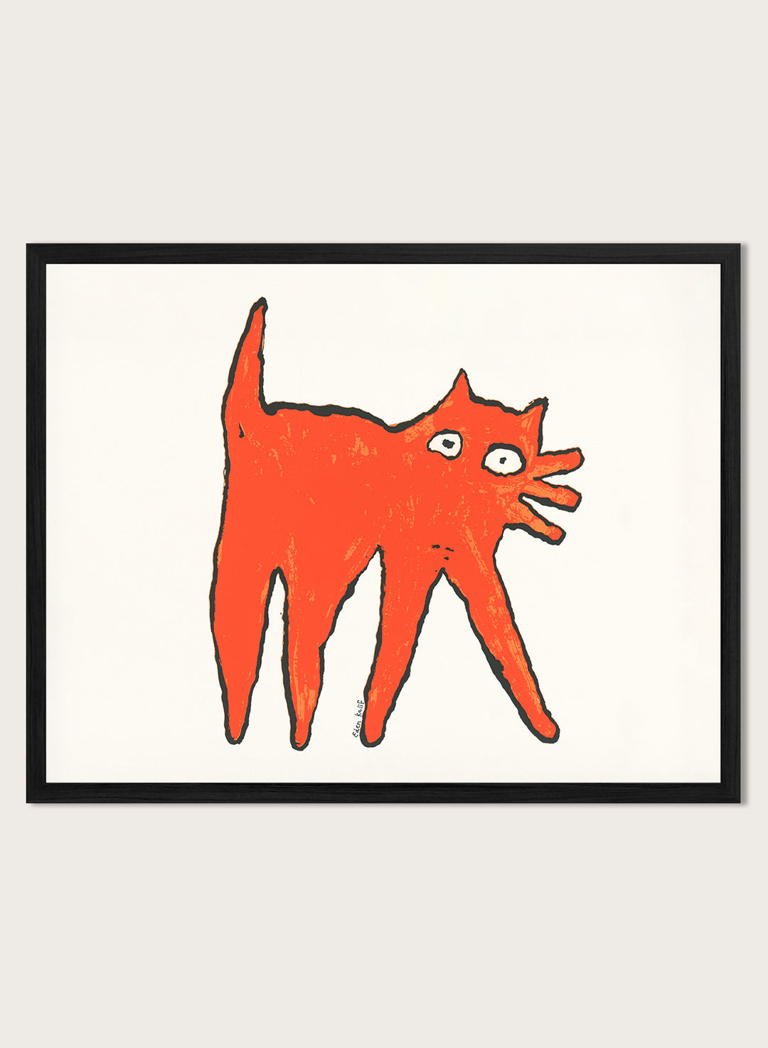 Framed illustration of a orange cat on a white background. Orange Cat by Eden Kalif is a modern cat art print in bold orange, a contemporary minimalist wall poster with playful form and expressive line work.