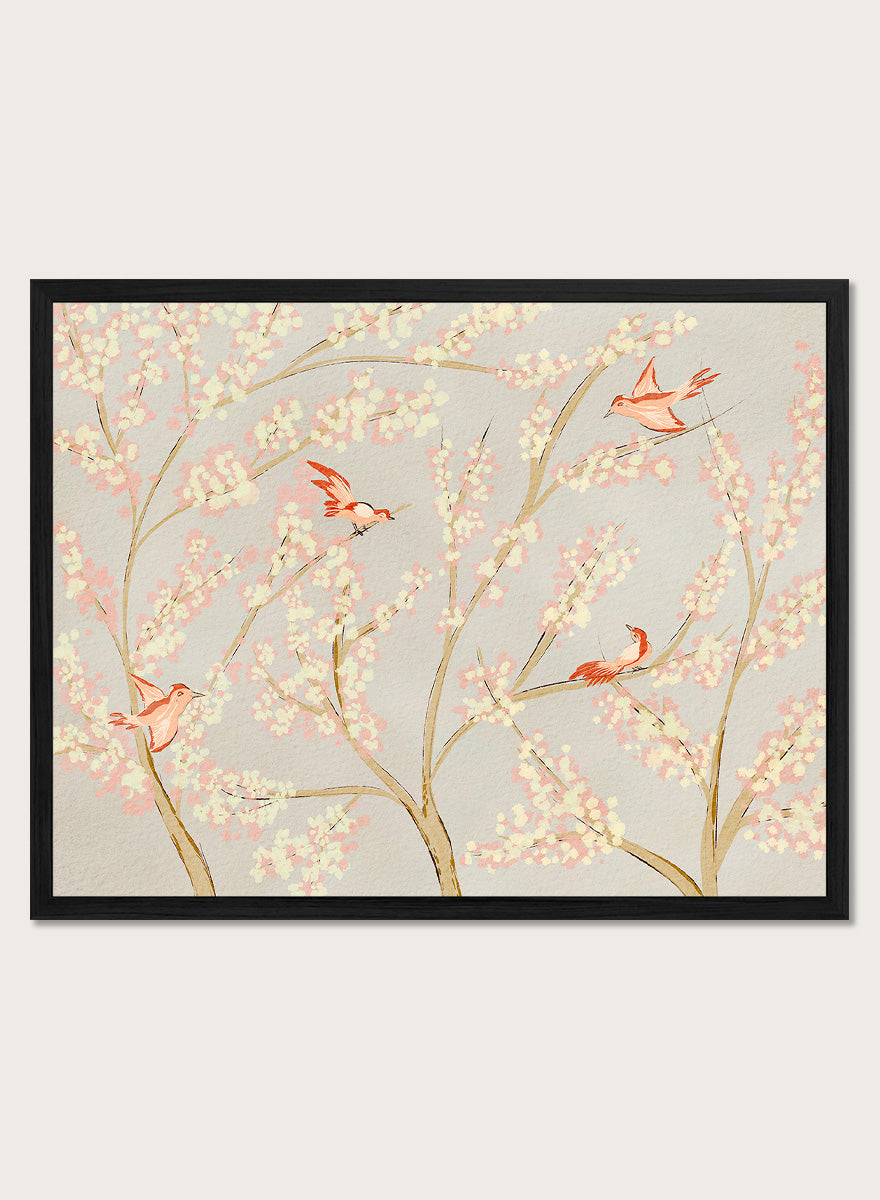 Shop Pink Birds Spring Blossoms by Nikita Jariwala, a delicate bird and floral wall art print with pink blossoms, coral birds, and a soft gray beige botanical backdrop.