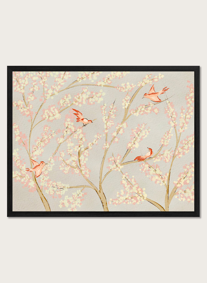 Shop Pink Birds Spring Blossoms by Nikita Jariwala, a delicate bird and floral wall art print with pink blossoms, coral birds, and a soft gray beige botanical backdrop.
