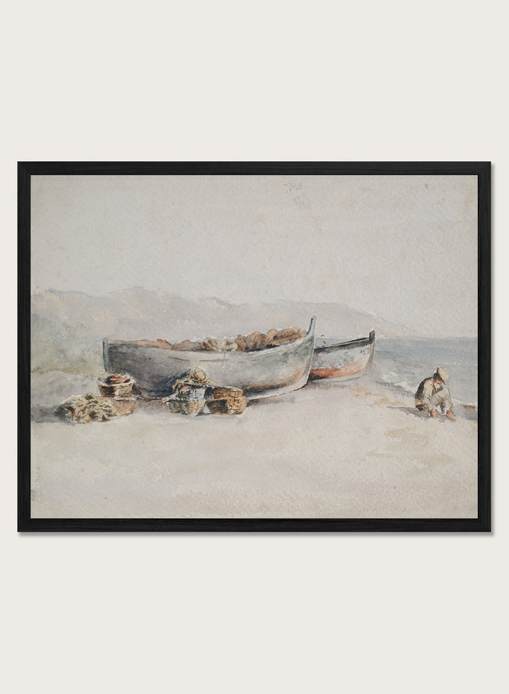 A framed watercolor painting of two small boats on a sandy shore. Fishing Boats on the Shore by Hercules Brabazon Brabazon is a vintage watercolor art print featuring fishing boats, nets, baskets, and a hazy coastal shore.